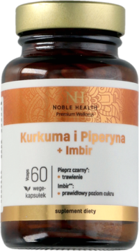 Bursztynowa butelka Noble Health Kurkuma i Piperyna + Imbir, 60 wege kapsułek, biała etykieta z pomarańczowymi detalami.