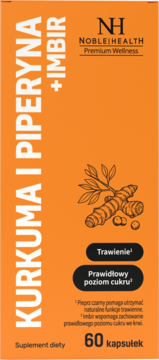 Pomarańczowe opakowanie suplementu Noble Health Kurkuma, Piperyna i Imbir, 60 kapsułek, widok z przodu.