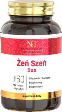 Noble Health Żeń Szeń Duo, ciemna szklana butelka z czerwoną etykietą i złotą zakrętką, 60 wegańskich kapsułek.