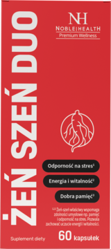 Czerwone opakowanie Żeń Szeń Duo Noble Health, 60 kapsułek na stres, energię i pamięć, z grafiką korzenia, widok z przodu.