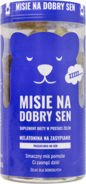 Misie na Dobry Sen, żelki z melatoniną i passiflorą, w niebieskim słoiku ze śpiącym misiem.