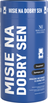 Misie Na Dobry Sen Noble Health, niebieski słoik z białym tekstem, widok frontalny, żelki na sen.