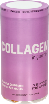 Suplement Collagen in Gummies Peach Flavour dla dorosłych, w różowym, cylindrycznym pojemniku, widok z przodu.