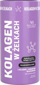 Fioletowy pojemnik Noble Health Kolagen w żelkach, brzoskwiniowy smak, hydrolizowany kolagen I i III, widok z przodu.