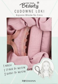 Zestaw do loków For Your Beauty w miętowym pudełku, z różowym wałkiem, spinką i gumkami.