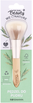 Rossmann For Your Beauty We Love Nature pędzel do pudru, bambusowa rączka, opakowanie z recyklingu, widok z przodu.