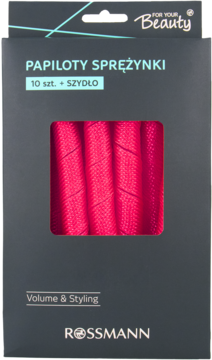 Ciemne opakowanie papilotów sprężynek For Your Beauty Rossmann, z okienkiem ukazującym czerwone wałki.