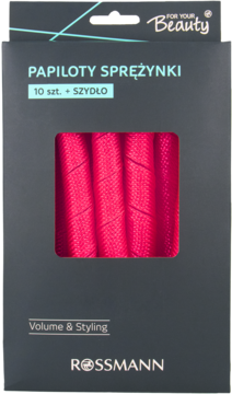 Ciemne opakowanie papilotów sprężynek For Your Beauty Rossmann, z okienkiem ukazującym czerwone wałki.