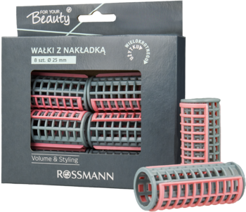 Szaro-różowe wałki do włosów z nakładką Rossmann, 8 szt., w pudełku i dwa luźne obok, widok z przodu.