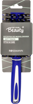 Okrągła szczotka do modelowania włosów Rossmann Soft Touch, niebieski uchwyt, czarne włosie, w szarym opakowaniu.