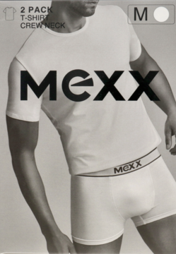 Opakowanie białych męskich t-shirtów Mexx crew neck, 2-pak rozmiar M, z modelem.