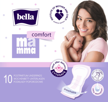 Bella Mamma Comfort podkłady poporodowe, opakowanie 10 sztuk z grafiką matki i dziecka, widok z przodu.