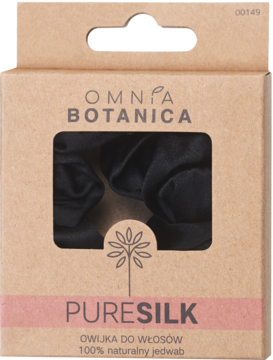 Omnia Botanica PURESILK: czarna owijka do włosów z jedwabiu, widoczna w okienku tekturowego opakowania.