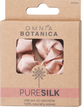 Omnia Botanica PURESILK owijka do włosów z 100% jedwabiu, pudrowy róż, w brązowym pudełku z okienkiem, widok z przodu.