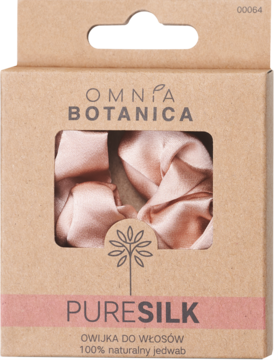 Omnia Botanica PURESILK owijka do włosów z 100% jedwabiu, pudrowy róż, w brązowym pudełku z okienkiem, widok z przodu.