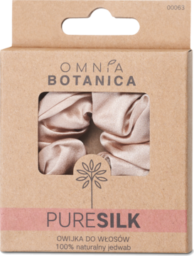 Beżowe owijki Omnia Botanica PURESILK z jedwabiu, w ekologicznym pudełku z makulatury, widok z przodu.