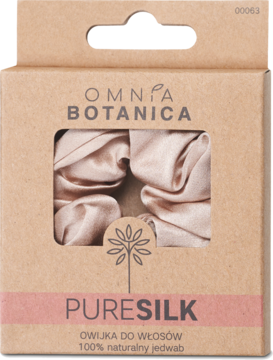 Beżowe owijki Omnia Botanica PURESILK z jedwabiu, w ekologicznym pudełku z makulatury, widok z przodu.