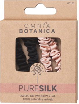 Omnia Botanica PURESILK: zestaw 2 jedwabnych owijek do włosów (czarna, różowa) w kartonowym pudełku, widok z przodu.