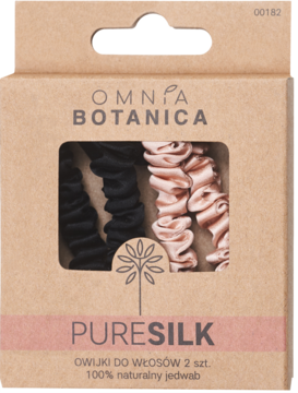 Omnia Botanica PURESILK: zestaw 2 jedwabnych owijek do włosów (czarna, różowa) w kartonowym pudełku, widok z przodu.