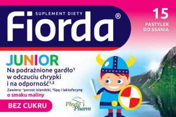 Fiorda Junior suplement diety, 15 malinowych pastylek bez cukru na podrażnione gardło i odporność, widok przodu.