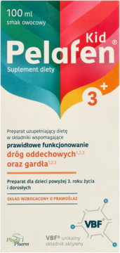 Pelafen Kid 3+ suplement diety, 100 ml, smak owocowy. Front opakowania, lewa strona niebiesko-zielona, prawa czerwono-pomarańczowa.