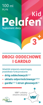 Pelafen Kid 3+ suplement diety, 100 ml płyn, na drogi oddechowe i gardło, pionowe opakowanie zielono-różowe.