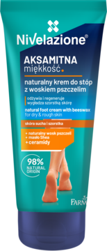 Nivelazione Aksamitna Miękkość naturalny krem do stóp z woskiem pszczelim, turkusowa tubka, widok z przodu.