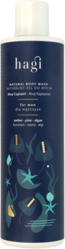 Hagi Natural Body Wash dla mężczyzn, bursztyn, sosna, algi, w ciemnoniebieskiej butelce z morskimi ilustracjami.