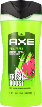 AXE Epic Fresh żel pod prysznic 3w1, grejpfrut i ananas, zielona butelka XL, widok z przodu.