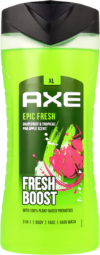 AXE Epic Fresh żel pod prysznic 3w1, grejpfrut i ananas, zielona butelka XL, widok z przodu.