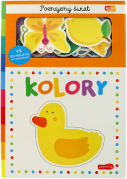 Książeczka edukacyjna Poznajemy świat Kolory z puzzlami, żółta okładka z kaczką, widok z przodu.
