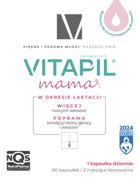 VITAPIL mama, białe opakowanie suplementu diety na włosy dla mam karmiących. Napisy: 'Więcej nowych włosów'.