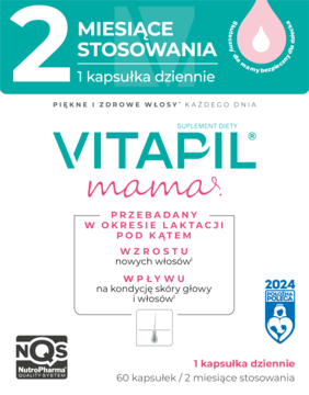 Opakowanie suplementu VITAPIL mama, biało-zielone, dla kobiet po porodzie, '2 miesiące stosowania', widok z przodu.