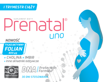 Białe opakowanie suplementu Prenatal uno na I trymestr ciąży, z aktywnym folianem, choliną i imbirem.