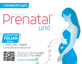 Suplement diety Prenatal uno na I trymestr ciąży. Białe pudełko z sylwetką kobiety i składnikami: folian, cholina, imbir.