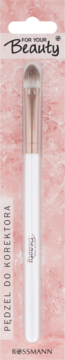 Biały pędzel do korektora For Your Beauty Professional z brązowym włosiem, różowo-złotą skuwką na różowym tle.