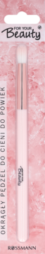 Okrągły pędzel For Your Beauty do cieni do powiek, różowy uchwyt, białe włosie, w blistrze Rossmann.