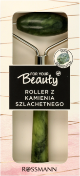 FOR YOUR Beauty roller do twarzy z zielonego serpentynu, widoczny w beżowym opakowaniu Rossmann.