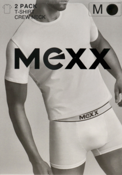 Biały 2-pak męskich T-shirtów Mexx typu crew neck i bokserek, noszony przez modela, widoczne opakowanie z rozmiarem M.