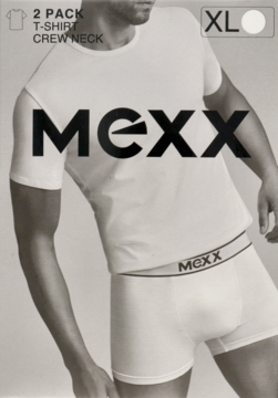 Białe koszulki crew neck (2-pak) i bokserki męskie MEXX na modelu, widoczne opakowanie XL.