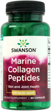 Butelka Swanson Marine Collagen Peptides, zielona z magenta etykietą, 400 mg, na skórę i stawy, 60 kapsułek.