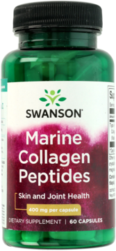 Butelka Swanson Marine Collagen Peptides, zielona z magenta etykietą, 400 mg, na skórę i stawy, 60 kapsułek.