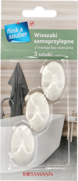 Flink & Sauber wieszaki samoprzylepne, 3 białe owalne haczyki w opakowaniu Rossmann, na tle łazienki.
