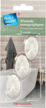 Flink & Sauber wieszaki samoprzylepne, 3 białe owalne haczyki w opakowaniu Rossmann, na tle łazienki.