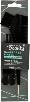 Zestaw Rossmann For Your Beauty do farbowania włosów: czarny pędzel z grzebieniem, dwie spinki, widok z przodu.
