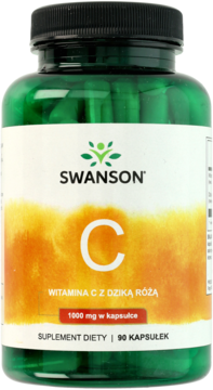Zielona butelka Swanson Witamina C z dziką różą, 1000mg, 90 kapsułek, biała etykieta z pomarańczowym tłem.