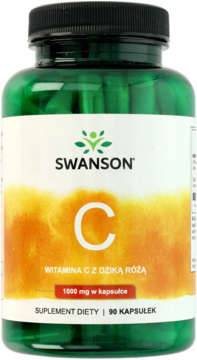 Zielona butelka Swanson Witamina C z dziką różą, 1000mg, 90 kapsułek, biała etykieta z pomarańczowym tłem.