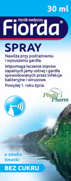 Fiorda Spray na gardło o smaku limetki, nawilżający i leczniczy, bez cukru. Widok z przodu na niebieskie opakowanie 30 ml z tłem fiordu.