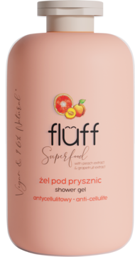 Fluff Superfood antycellulitowy żel pod prysznic w brzoskwiniowej butelce z pompką, widok z przodu.