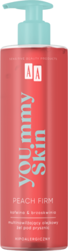 Brzoskwiniowy żel pod prysznic AA YOU.mmy Skin Peach Firm z kofeiną, w pomarańczowej butelce z pompką.